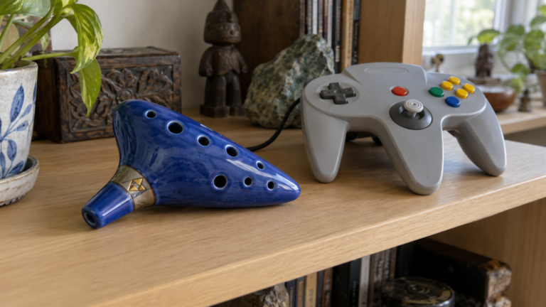 Blaue Okarina und Nintendo-64-Controller auf einem Holzregal – KI-Symbolbild, kein tatsächlicher Kaufbonus.