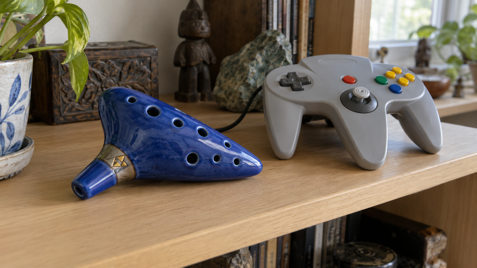 Blaue Okarina und Nintendo-64-Controller auf einem Holzregal – KI-Symbolbild, kein tatsächlicher Kaufbonus.