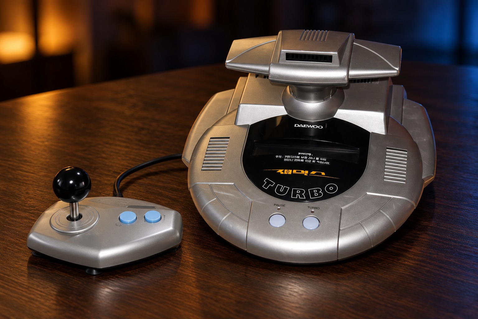 Daewoo Zemmix Turbo CPG-120 mit passendem silbernen Joystick auf einem dunklen Holztisch vor dezent beleuchtetem Hintergrund