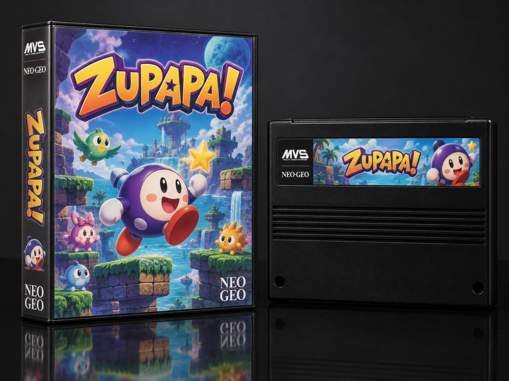 Zupapa!: KI-Packshot mit Neo-Geo-MVS-Motivhülle und Modul